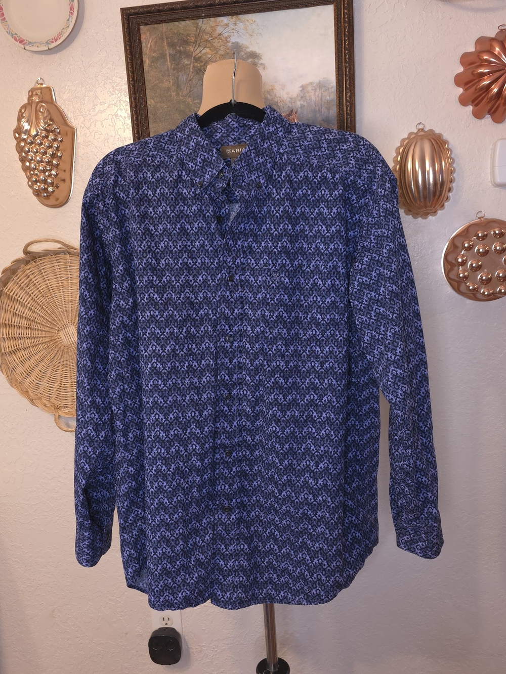 Ariat Men’s Large Blue Geometric Print Button Down Western Shirt Long Sleeve